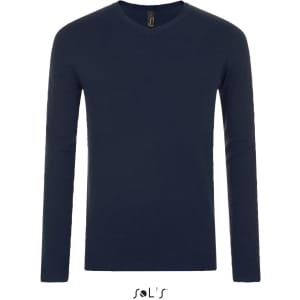 A navy blue men's V-neck jumper with long sleeves and a branded label.