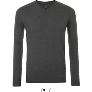 A dark grey V-neck men's jumper with long sleeves and a branding logo on the label.