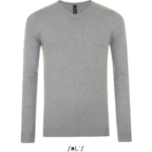 A grey V-neck jumper for men with long sleeves. The product features a label and a simple design.