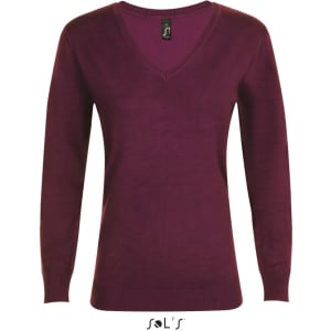 A women's jumper in deep burgundy with a V-neck and long sleeves, featuring a small logo on the label.