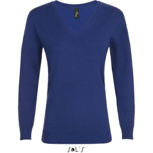 A women's V-neck jumper in a rich blue colour, featuring long sleeves and a branded label.