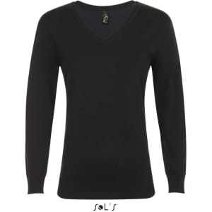 A black women's jumper with a V-neck design and long sleeves. It features a small logo on the label.