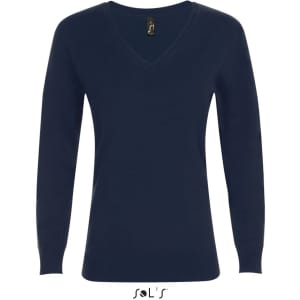 A navy women's V-neck jumper featuring long sleeves. The product includes a logo at the neckline.