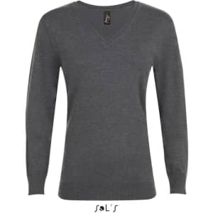 A grey women's V-neck jumper with long sleeves and a fitted design. It features a logo on the neckline.