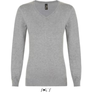 A women's V-neck jumper in grey with long sleeves and a fitted design. It features a logo at the neckline.