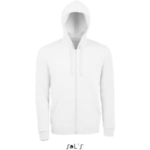 A zippered hoodie in white, made of 50% cotton and 50% polyester, featuring a front pocket and a logo.
