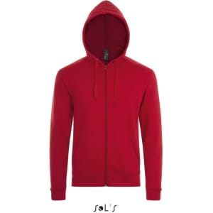 A zippered unisex hoodie in bright red, featuring a hood and a logo. Made of 50% cotton and 50% polyester.