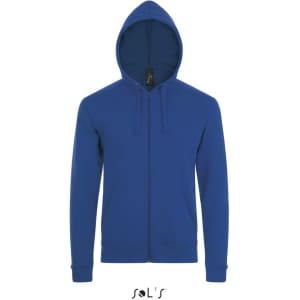 A blue unisex zippered hoodie made of 50% cotton and 50% polyester, featuring a hood. It has a logo.