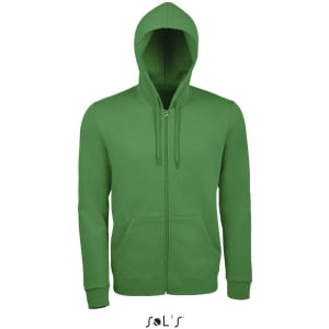 A green unisex zippered hoodie made from 50% cotton and 50% polyester. It has a hood and front pockets.