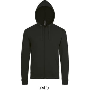 A zippered unisex hoodie in black, made from 50% cotton and 50% polyester, featuring a hood and a logo.