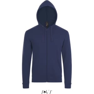 A zippered unisex hoodie in navy blue, made from 50% cotton and 50% polyester, featuring a hood and a logo.