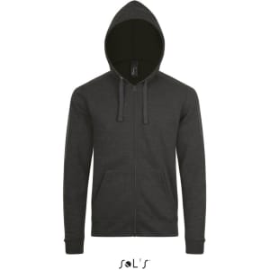 A zippered unisex hoodie in stone grey, made of 50% cotton and 50% polyester, featuring a hood and a logo.