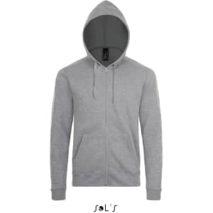 A grey zippered unisex hoodie made of 50% cotton and 50% polyester, featuring a hood and a logo.