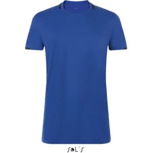 A blue V-neck T-shirt made of 100% breathable polyester with contrasting black details. It features a logo.