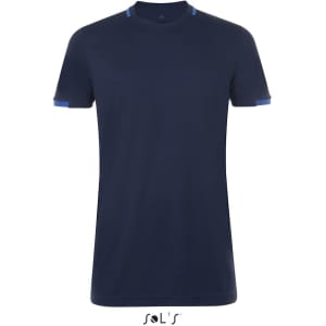 A navy V-neck T-shirt with contrast blue accents on the sleeves, made from 100% breathable polyester.