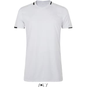 A white V-neck T-shirt made of 100% breathable polyester, featuring contrasting black details and a logo.