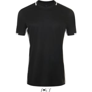 A black V-neck T-shirt made from 100% breathable polyester, featuring contrasting white accents. It has a logo on the bottom.