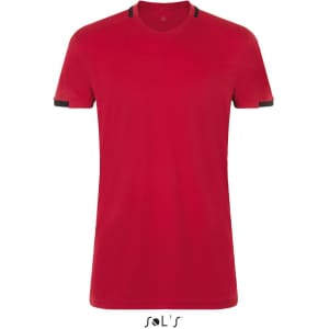 A red V-neck T-shirt made of 100% breathable polyester with contrast detailing on the sleeves and a logo.