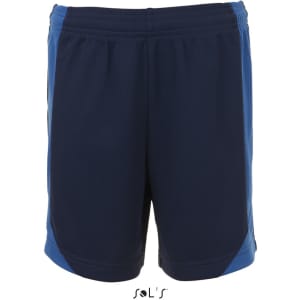Men's shorts made of 100% breathable polyester in navy blue with blue accents. Features a logo on the front.