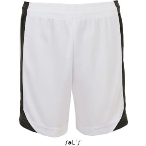 White shorts with black side details, made from 100% breathable polyester, featuring a logo at the bottom.