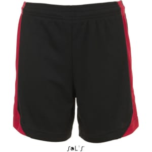 Men's shorts in black with red side panels, made from 100% breathable polyester. Features a logo.