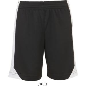 Men's breathable polyester sports shorts in black with white accents, featuring a logo.