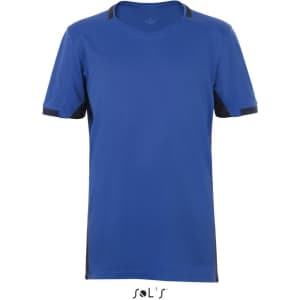 A blue children's T-shirt with contrasting black sleeves and detailing, featuring a logo at the bottom.