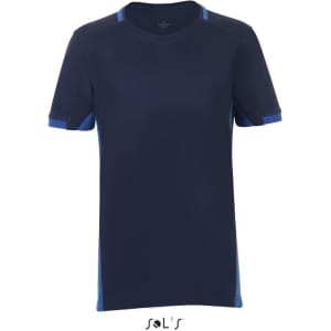 A children's T-shirt in navy with contrasting light blue details and short sleeves. It features a logo.