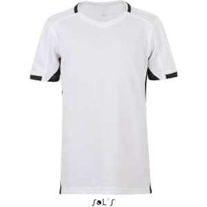 A white children's T-shirt featuring contrast black detailing and a logo at the bottom.