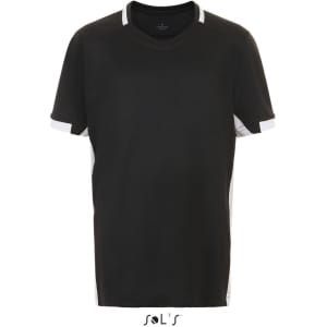 A black children's t-shirt with white contrast details on the sleeves and neckline. It features a logo.