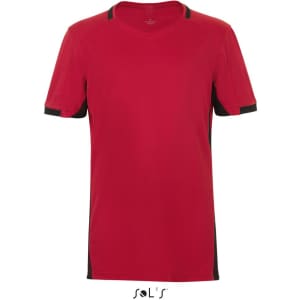 A red children's T-shirt with black contrast detailing and a branded logo.