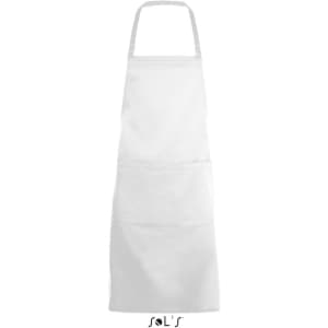 A white apron featuring a pocket, measuring 80cm x 63cm, with branding at the bottom.