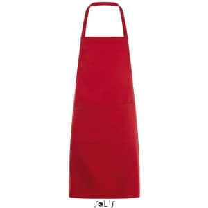 A red apron with a pocket, measuring 80cm x 63cm, featuring a logo at the bottom.