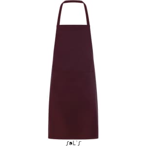 A burgundy apron with a long design and a pocket, measuring 80cm x 63cm. It features a logo at the bottom.
