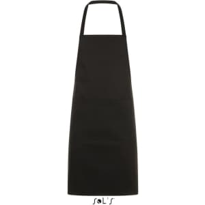 A black apron with a long design and a front pocket, measuring 80cm x 63cm, featuring a logo.