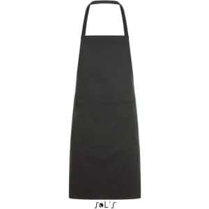 A long black apron with a pocket, measuring 80cm x 63cm, featuring a logo at the bottom.