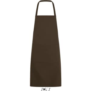 A brown apron with a pocket, measuring 80cm x 63cm, featuring a logo at the bottom.