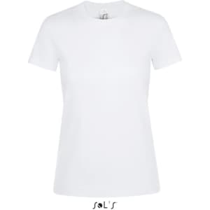 A white women's T-shirt made of 100% semi-combed ring-spun cotton, featuring a logo.