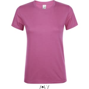 A women's T-shirt in pink, made of 100% semi-combed ring-spun cotton, featuring a logo.