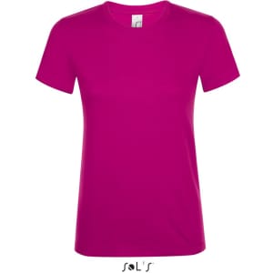 A women's T-shirt in vibrant pink, made from 100% semi combed ring spun cotton, featuring a brand logo.