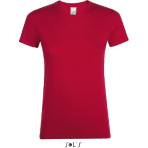 A red women's T-shirt made of 100% semi combed ring spun cotton with a logo at the bottom.