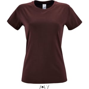 A women's T-shirt in burgundy, made from 100% semi-combed ring-spun cotton, featuring a logo.