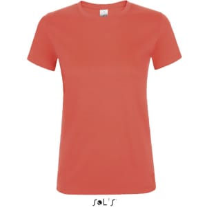 A coral women's T-shirt made of 100% semi-combed ring spun cotton, featuring a logo.