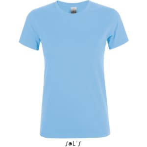 A women's T-shirt in a light blue colour made from 100% semi-combed ring spun cotton. It features a logo.