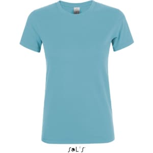 A light blue women's T-shirt made from 100% semi combed ring spun cotton, featuring a logo.