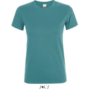 A women's T-shirt in a teal colour made from 100% semi combed ring spun cotton, featuring a branding logo.
