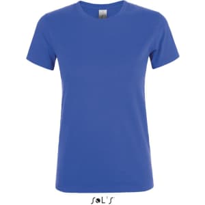 A women's T-shirt made of 100% semi-combed ring-spun cotton in a vibrant blue colour, featuring a logo.