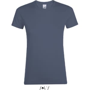 A women's navy blue T-shirt made of 100% semi-combed ring spun cotton, featuring a logo.
