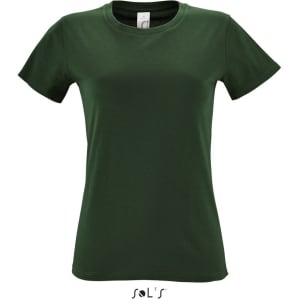 A women's T-shirt in dark green, made from 100% semi-combed ring-spun cotton, featuring a branding label.