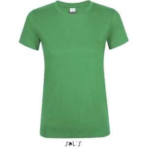 A green women's T-shirt made of 100% semi combed ring spun cotton, featuring a logo.